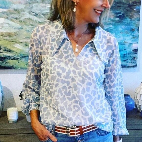 CAbi Tops - Cabi Blue Animal Print Pounce Blouse sheer size XXL